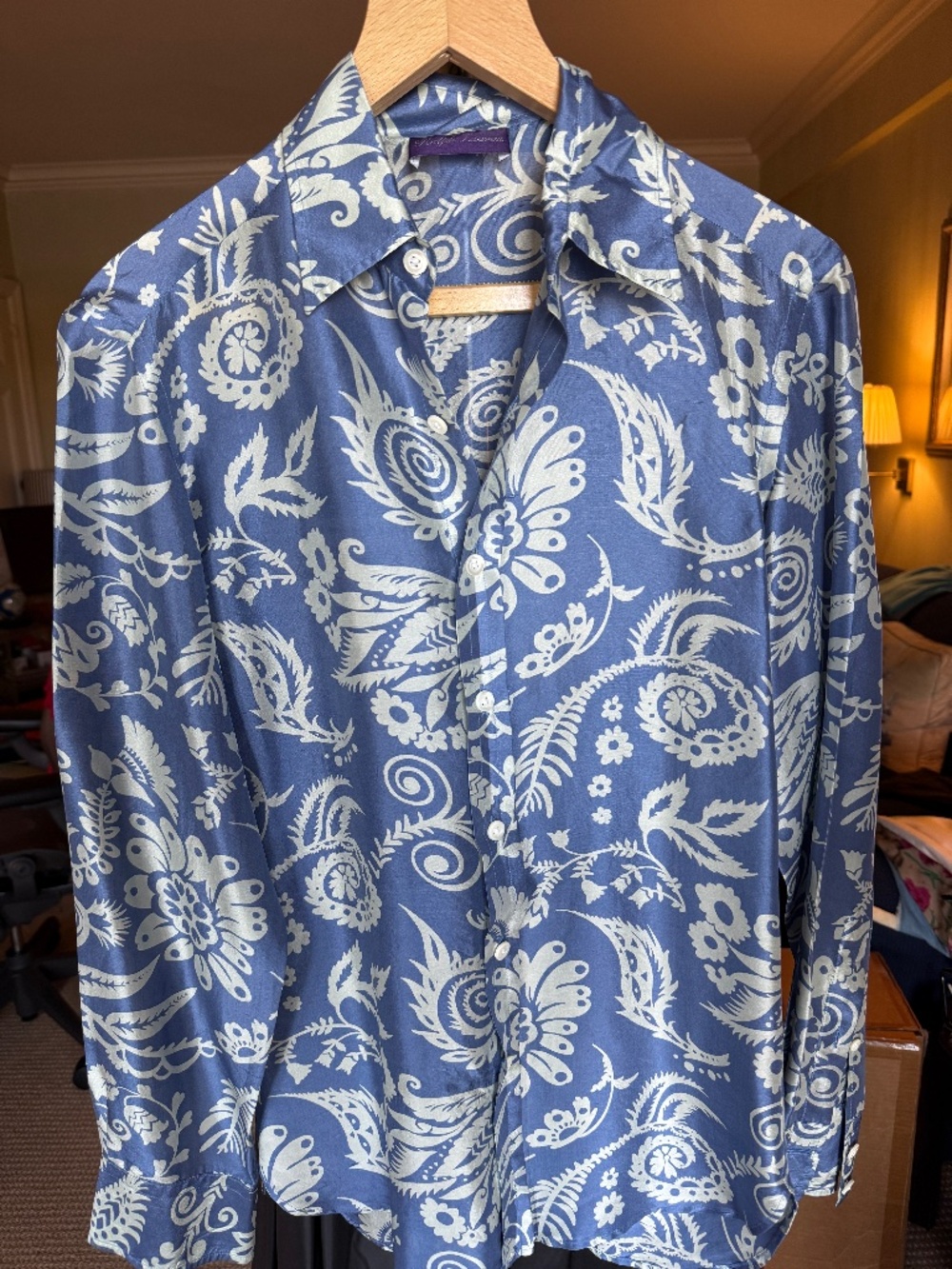 Ralph Lauren Purple Label Blue and White Paisley Silk Button-Down Blouse